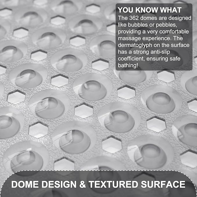 TEESHLY Upgrade Bath Tub and Shower Mats, Non Slip 40 x 16 Inch Extra Large Bathtub Mat, Machine Washable Bathmat with Drain Holes, Suction Cups for Bathroom Floor, Clear Gray
