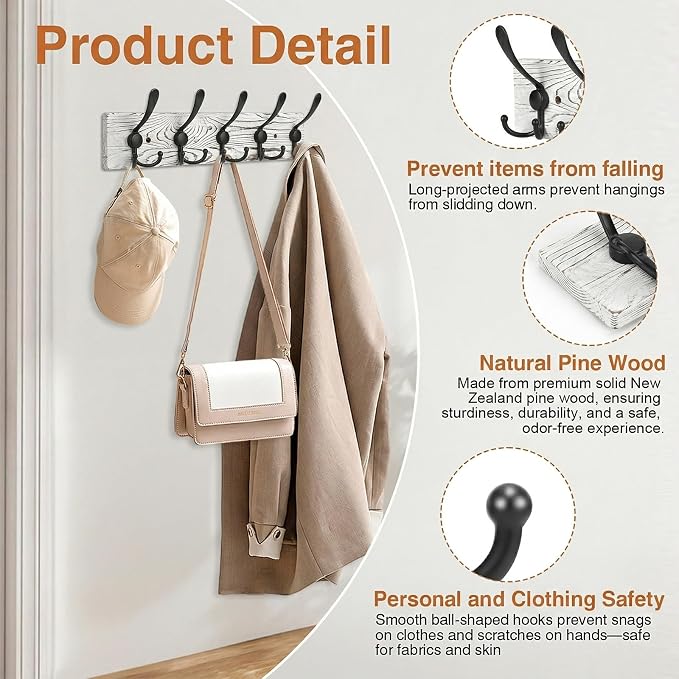 Wooden Coat Rack Wall Mount Heavy Duty, 2 Pack Coat Hanger Wall Mount with 5 Triple Hooks for Clothes, Jacket, Hat, Keys, Space Saving Entryway Organizer for Mudroom (Whte Plate & Black Hooks)