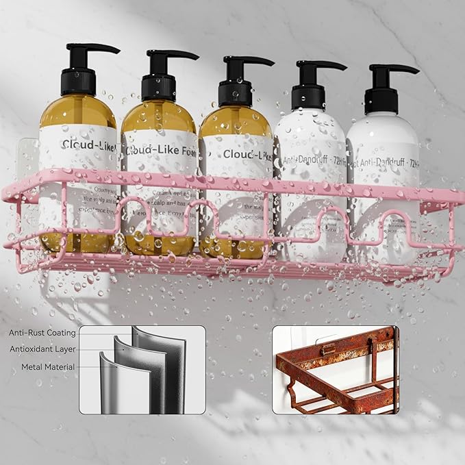 Adhesive Shower Caddy, Large Capacity Shower Racks for Inside Shower, No Drill Bathroom Shower Organizer and Storage, 2 Pack Pink Bathroom Shelves, Home Decor Rv Accessories, Apartment