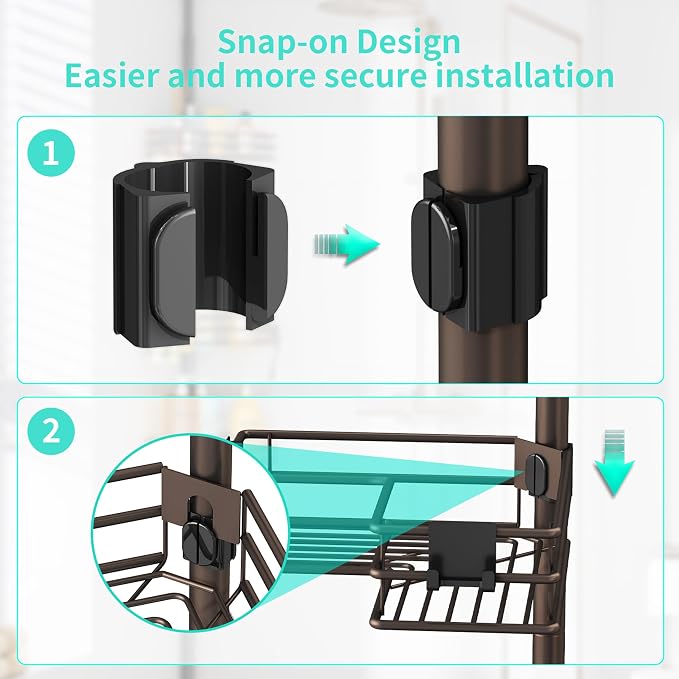 HapiRm Corner Shower Caddy Organizer - Shower Organizer Corner with Soap Holder, Toothbrush Holder and 4 Hooks, Rustproof Bathroom Shelf Tension Pole Available for 27.6 to 108.3 Inch - Bronze