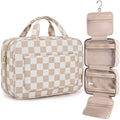 BAGSMART Toiletry Bag Travel Bag with Hanging Hook, Water-resistant Makeup Cosmetic Bag Travel Organizer for Accessories, Shampoo, Full-size Container, Toiletries (Khaki Checkerboard, Medium)