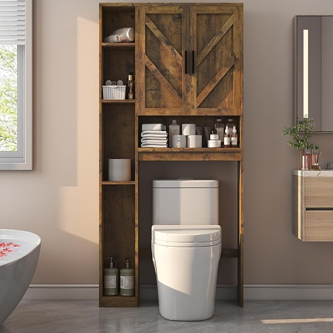 Over The Toilet Storage Cabinet with 7 Storage Shelves, Above Toilet Bathroom Organizer with Toilet Paper Holder Stand, Behind Toilet Cabinet, Space Saver for Restroom, Bathroom, Laundry, Brown