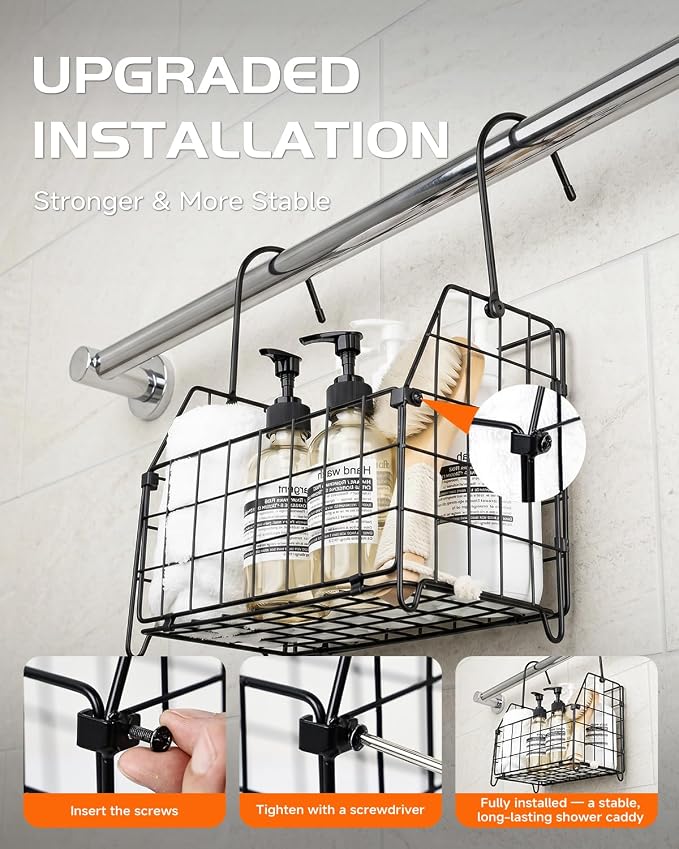 Large Rustproof Shower Caddy Hanging, 304 Stainless Steel Hanging Shower Organizer Basket for Bathroom & Bathtub, Over the Rod Shower Rack for Shampoo, Conditioner, Soap & Bath Accessories(Black)