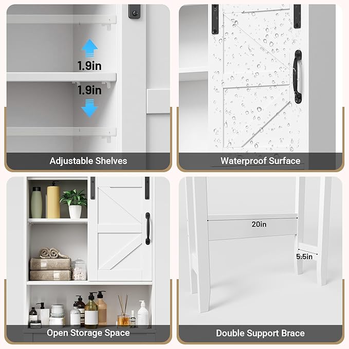 Over The Toilet Storage Cabinet, Bathroom Organizer with Adjustable Shelves and Anti-Tip Device, Space-Saving Storage Solution, White