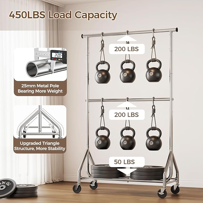 HYSEYY Heavy Duty Clothes Rack, Double Rod Clothing Rack for Hanging Clothes, Rolling Garment Rack, Adjustable Freestanding Wardrobe Closet Coat Rack for Bedroom Laundry Living Room, Silver