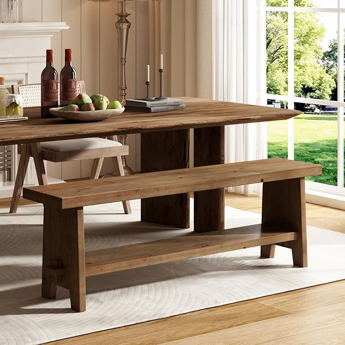 HOKYHOKY Solid Wood Entryway Bench - 54.3" Farmhouse Long Storage Bench, Rustic Narrow Bench Seat for Indoor, Entryway, Dining Room, Living Room and Hallway, Brown
