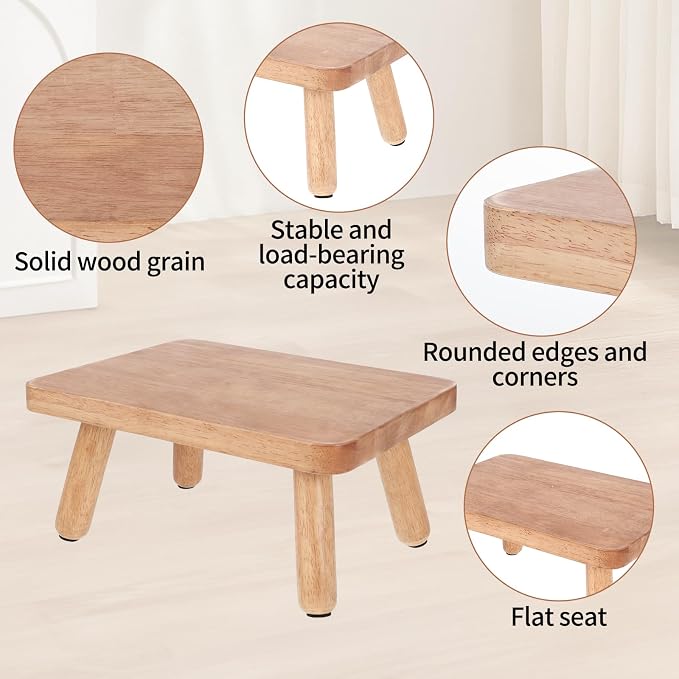 Small Wooden Step Stools 6” Non-Slip One Step Stool Holds 350 lbs, Heavy Duty Bathroom Stool Plant Stand Rectangular Footstool for Adult, Bedroom, Office, Nursery, Easy Assembly