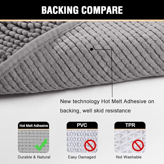 H.VERSAILTEX Bath Mat Bathroom Rug Bath Rugs for Bathroom Non Slip Bath Mats Extra Thick Chenille Rug 17" x 24" Absorbent Soft Shaggy Washable Dry Fast Plush Rugs for Bathtubs - Dark Grey