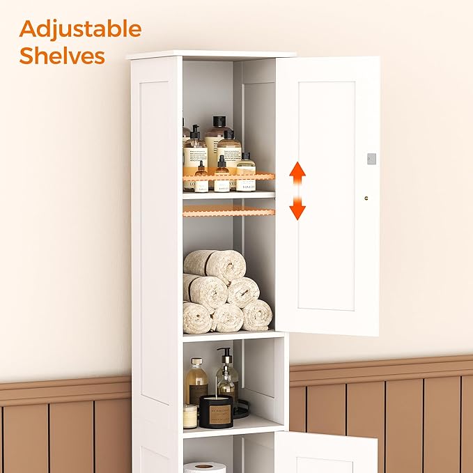 Homleke Tall Bathroom Storage Cabinet with 2 Doors, 67"H Narrow Storage Cabinet with Adjustable Shelves& Anti-Tip Design, Reversible Door Installation, Easy Assembly, 11.8 x 11.8 x 66.9 Inches, White