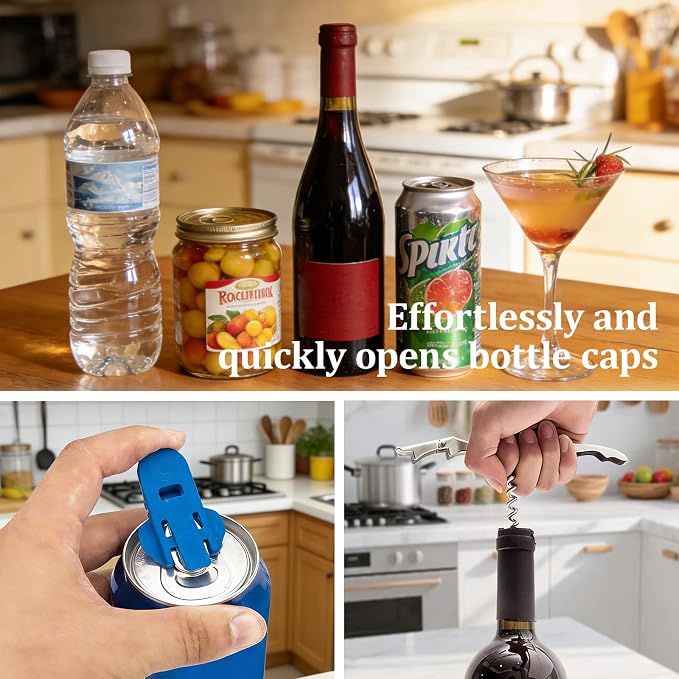 2026 Adjustable 4‑in‑1 Jar Opener with Red Wine Corkscrew & 2 Can Opener, Jar Opener for Seniors and Weak Hands, Perfect for Kitchen Jars, Bottles & Beer Caps (Beige)