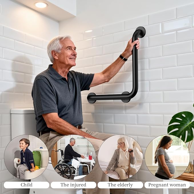 16 Inch Angled Grab Bar, iHansee L-Shaped Shower Grab Bar w/16 Inch Straight Bathroom Balance Bar, Stainless Steel Safety Handle for Seniors Elderly Injury Handicap, Matte Black
