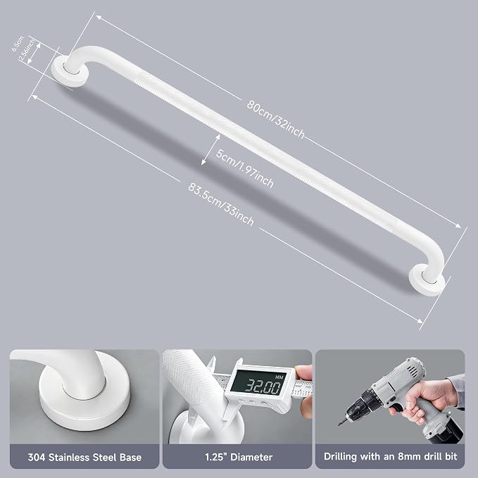 32 Inch Shower Grab Bar 1.25" Dia, White Anti Slip Bathroom Grab Bar, 304 Stainless Steel Knurled Handicap Grab Bars, Safety Support Handrail, Assist Bath Shower Handle for Elderly Injury Senior