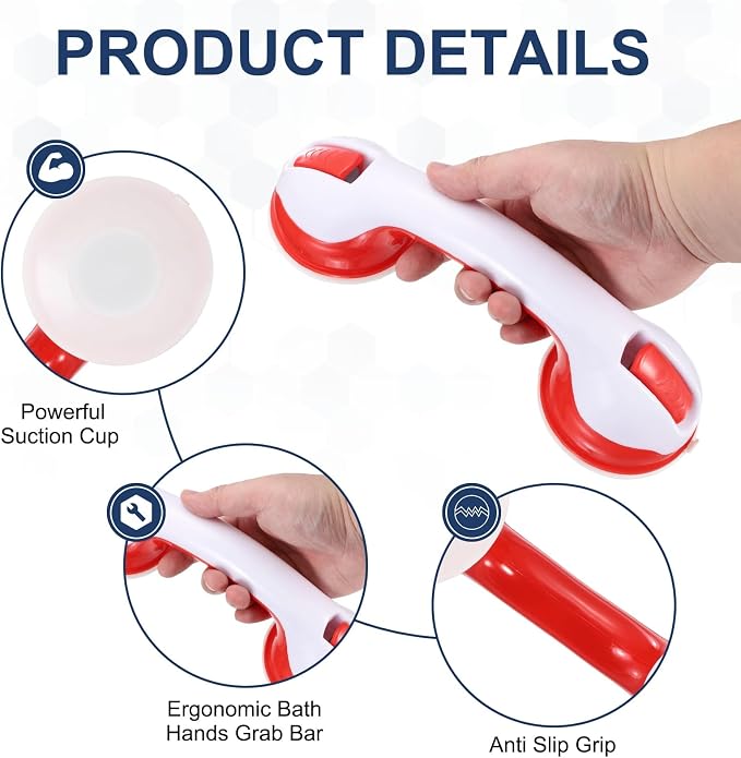 uxcell Grab Bars for Shower 2 Pcs, 12 Inch Shower Handle Suction Cup Grab Bars Elderly Assistance Products Safety Removable Grip Press-Lock for Seniors Bathtubs Bathroom Toilet, White/Red