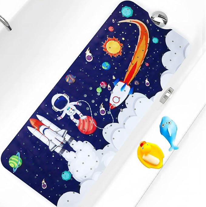 Baby Bath Mat for Tub Non Slip Kids Bathtub Mat Extra Long 40X16 Inch Toddler Bath Tub Shower Mat Anti Slip with Suction Cups & Drain Holes, Machine Washable (Space)