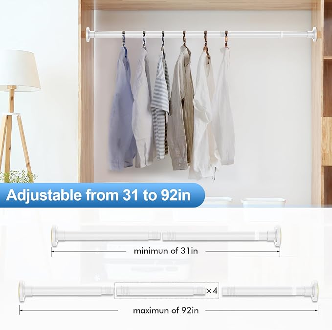 CorkLatta White Shower Curtain Rod 31 to 92 Inch,1 Inch Diameter Adjustable Spring Tension Stainless Steel Telescoping Rod,Easy Install,No Rust