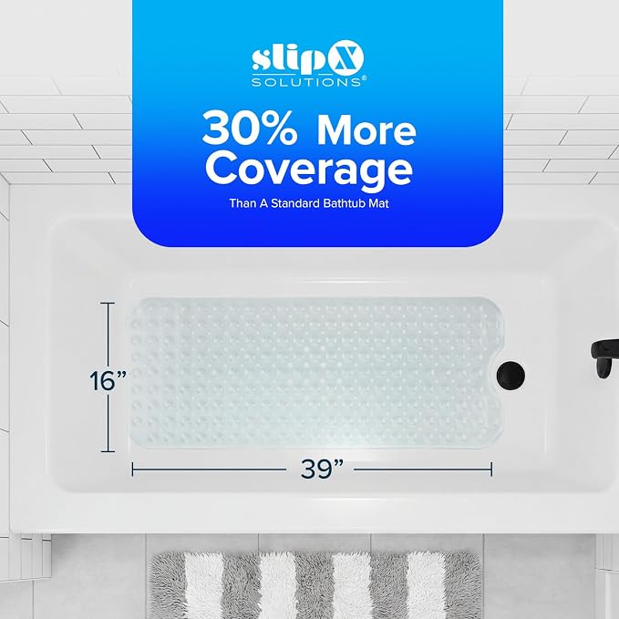 SlipX Solutions Power Grip Extra Long Bath Tub & Shower Mat 39x16, Wet Floor Non-Slip for Elderly & Kids Bathroom, 30% Longer Bathtub Mats, 200 Suction Cups, Drain Holes (1, Clear)