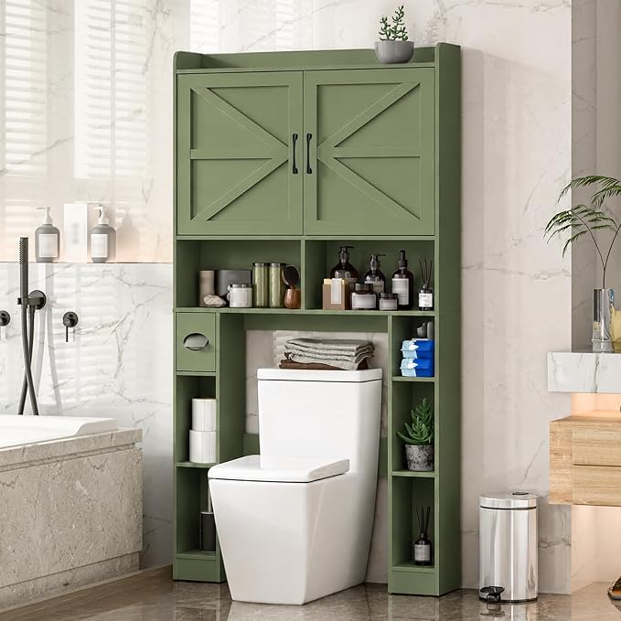 Vabches Over The Toilet Storage Cabinet, Farmhouse Toilet Cabinet Rack with Barn Doors, Space Saving Bathroom Organizer with Shelves, Toilet Paper Holder and Towel Rack for Bathroom,Laundry, Green