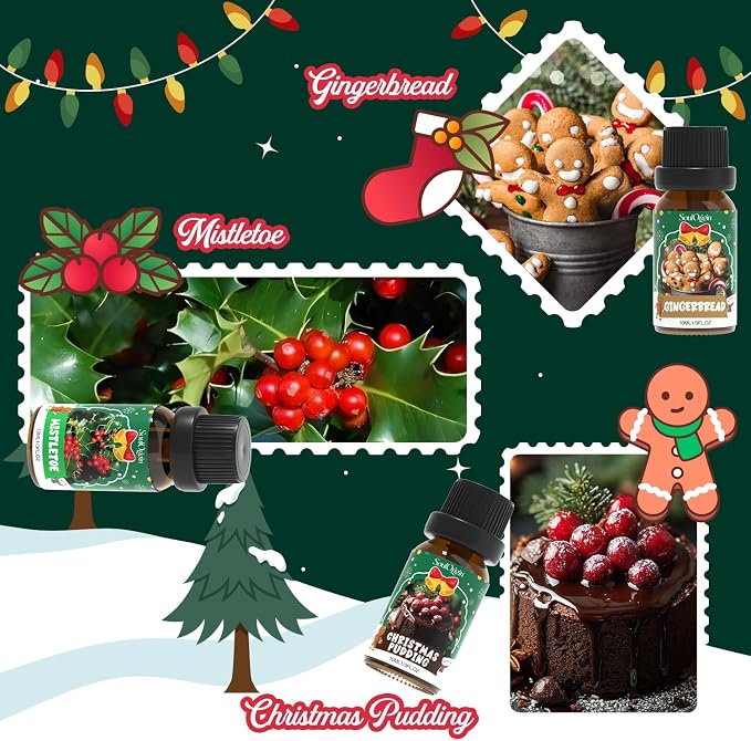 Soulorigin Christmas Essential Oils Set, Fragrance Oil Set for Diffuser, Scent Diffuser Oil for Candle Making-Christmas Cake, Eggnog, Candy Canes, Gingerbread, Mistletoe, Christmas Pudding