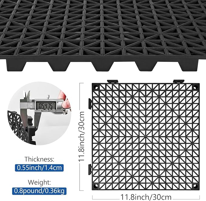 ToLanbbt Modular Interlocking Cushion 12P 11.8" x11.8" Interlocking Rubber Floor Drain Holes Non-Slip Splicing Drainage Mats for Deck, Shower, Kitchen, Drain Pool, Indoor Outdoor (Grey Black)