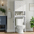 Gold Trim Over The Toilet Storage Cabinet, Double Doors Over Toilet Bathroom Organizer with Adjustable Shelves and Toilet Paper Holder, Modern Over Toilet Storage Cabinet for Bathroom (White)