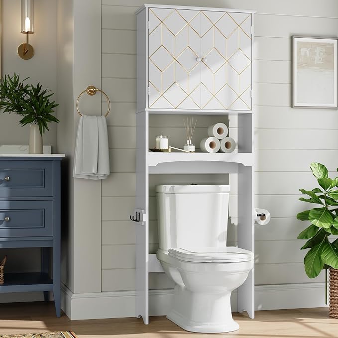 Gold Trim Over The Toilet Storage Cabinet, Double Doors Over Toilet Bathroom Organizer with Adjustable Shelves and Toilet Paper Holder, Modern Over Toilet Storage Cabinet for Bathroom (White)
