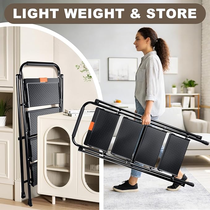 Valeo 4 Step Ladder, 4 Step Ladder for Adults with with Safe-Lock Design, Wide Anti-Slip Pedal, 500lbs Sturdy Steel Ladder, Step Stool Foldable with Cushioned Handle,Black