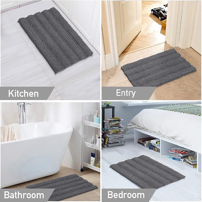 Turquoize Chenille Bathroom Rugs Set Non-Slip Bath Mats for Bathroom Extra Soft and Absorbent Shaggy Bath Mats for Bath Room Floor Indoor Mat for Kitchen/Entryway (20" x 32" and 17" x 24"), Gray