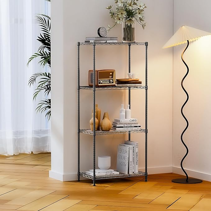 IZEUK 4-Tier Black Steel Storage Shelves, Heavy Duty Utility Wire Rack Organizer for Kitchen, Office, Home, 1000 lbs, 13.7" D x 23.6" W x 53.4" H