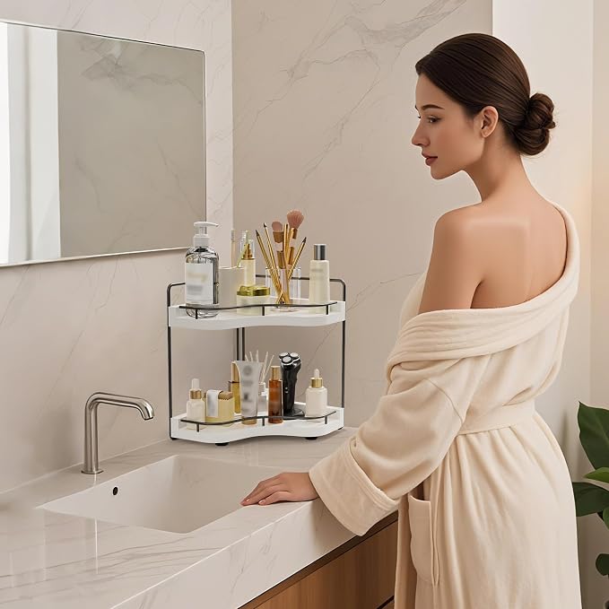 2-Tier Corner Bathroom Counter Organizer with Embedded Screw Holes, Secure & Stable Wood Vanity Shelf for Makeup and Skincare Essentials - Space Saving Bathroom Countertop Storage, White