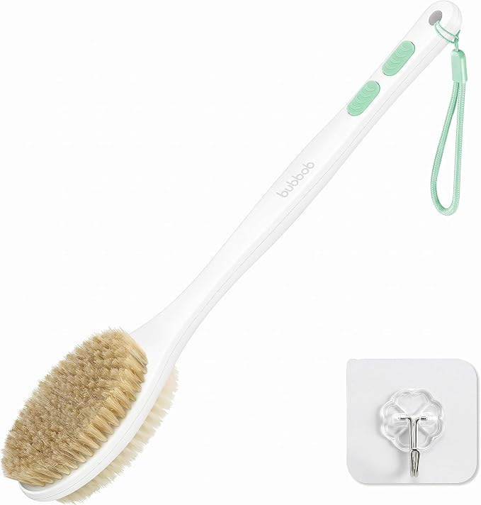 Back Scrubber for Shower with Long Handle,Green | Double Sided Bristles (Stiff & Soft), Anti-Slip Grip, Lightweight - Gift for Seniors, Includes Lanyard & Hook