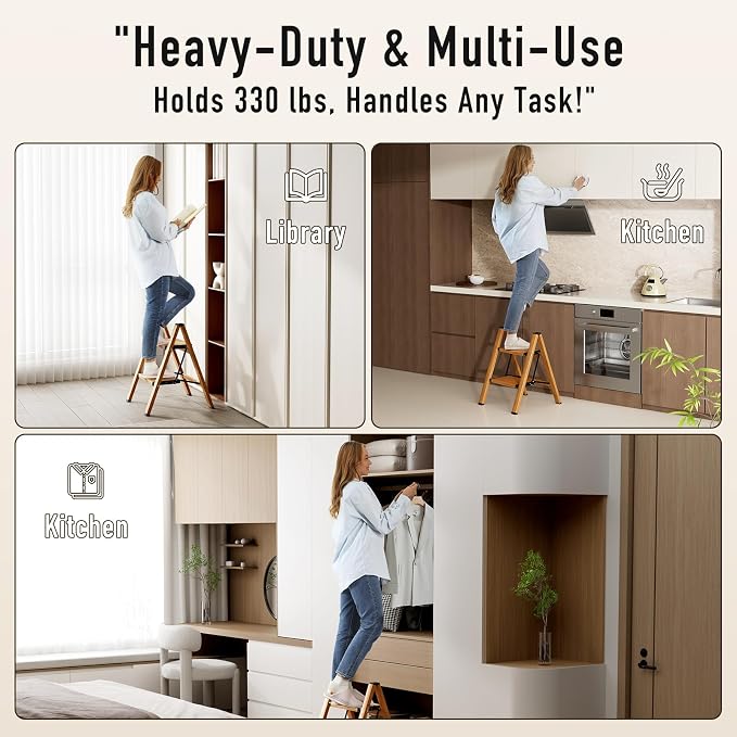 Mayi Plus 2 Step Ladder,Aluminum Folding Step Stool for Adults,Step Ladder with Wide Anti-Slip Pedal,330 lbs Capacity for Home,Office,Kitchen,Library(Woodgrain)