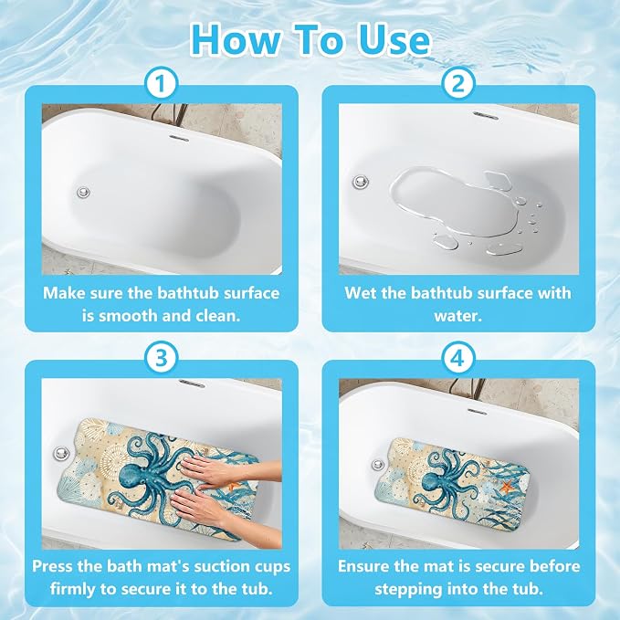 Bath Mat for Tub, Nautical Octopus Bathtub Mats, Machine Washable, Non Slip Shower Mat with Suction Cups and Drain Holes for Adults Kids, Vintage Coastal Tub Mats Gift for Nautical Lovers Bath Decor