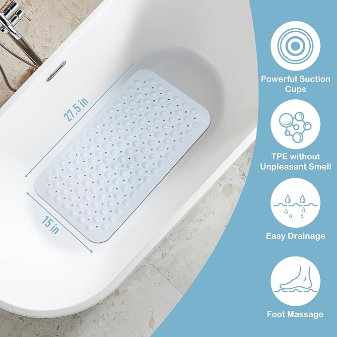 WarmSnow Non Slip Shower Mats for Inside Shower 15 x 27.5 Inch, TPE Bathtub Mat Non-Slip, Bath Mat for Tub with Suction Cups, Drain Holes Bath Tub Mat for Bathroom, Light Gray