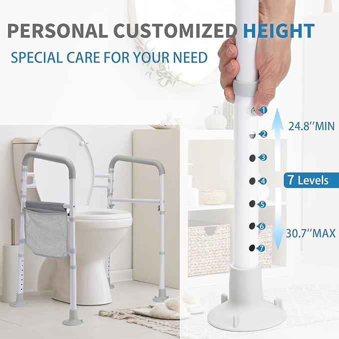 Toilet Safety Rails (300 LB) – Adjustable, Foldable Toilet Handle Frame for Elderly & Disabled Adults, Supports All Toilet Types with Storage Bag