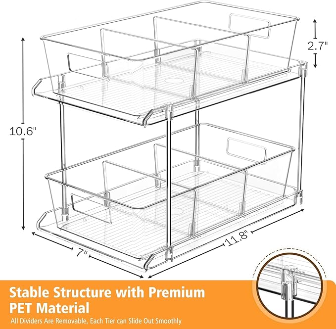 Fabspace Bathroom Organizers and Storage, 2 Tier Under Sink Organizers, Vanity Countertop Pull-out Cabinet Organizer, Storage Container, Multi-Purpose Kitchen Pantry Organization with Dividers,2 Packs