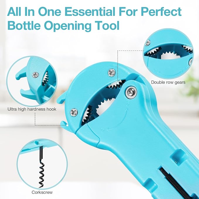 Jar Opener for Seniors with Arthritis, 7 in 1 Bottle Opener and Wine Corkscrew, Easy Grip Kitchen Gadget for Weak Hands Elderly, Retractable Jaw Lid Opener with Magnetic Storage (Teal)