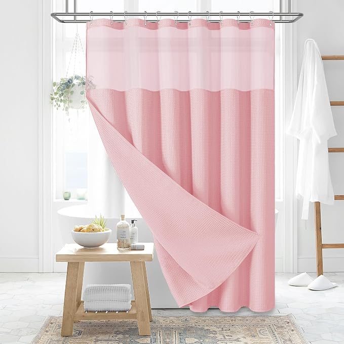 Dynamene 78 Inch Long Shower Curtain, Tall Waffle Fabric Shower Curtains for Bathroom, Hotel Waterproof Cloth Shower Curtain Liner Set with Hooks, Snap in Liner, Mesh Top Window, Pink, 72x78
