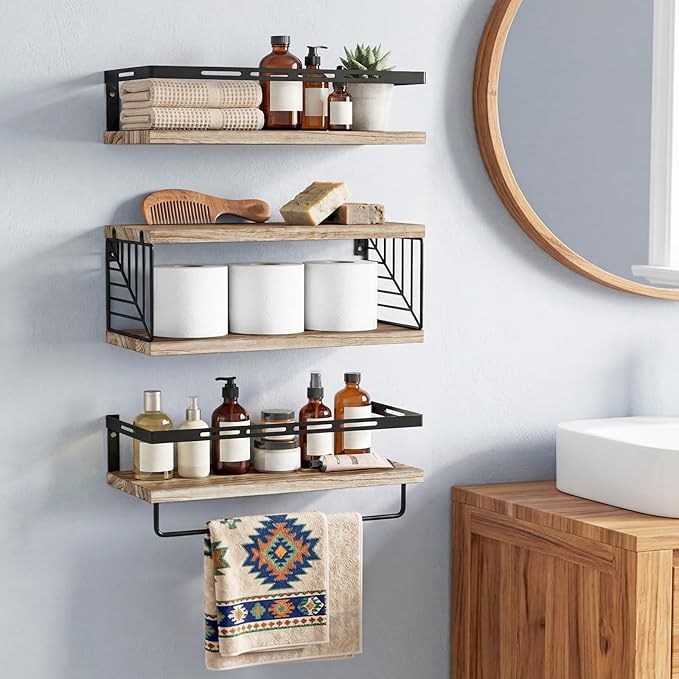 Fixwal Wall Mounted Bathroom Shelves Over Toilet, Rustic Wood Floating Shelves with Metal Frame and Towel Bar for Bathroom, Kitchen, Bedroom, Living Room (3 Plus 1 Gray)