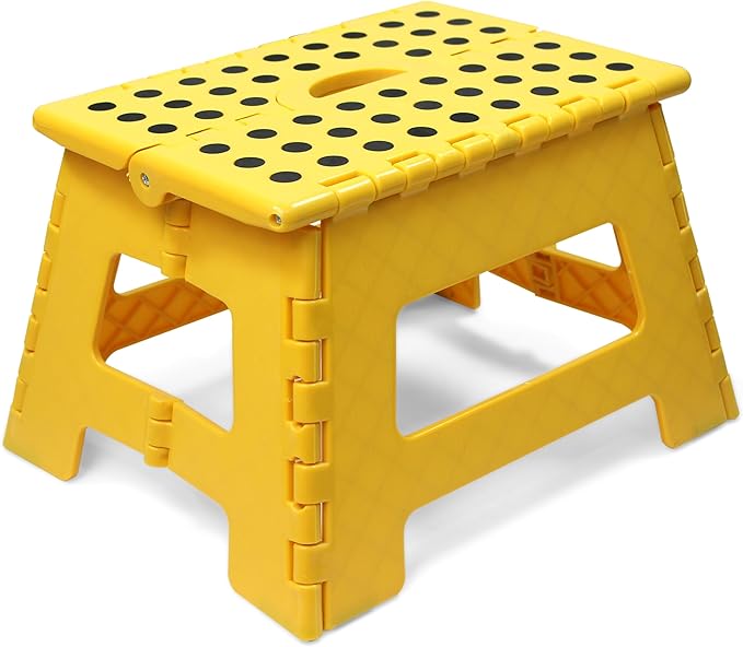 MaxWorks 50969 Folding Step Stool - 9" Height, 330 lbs Capacity - 16 Steel Rods for Enhanced Strength - Lightweight, Durable Plastic Stool for Kitchen, Bathroom, Living Room - Yellow