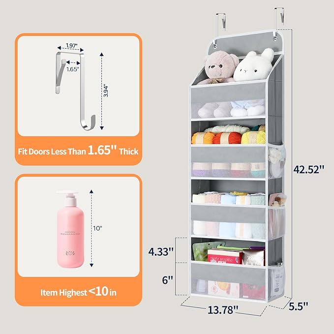 Yecaye Over The Door Organizer, Heavy Duty Hanging Organizers and Storage with 4 Large Capacity Pockets, Swing-Proof Behind The Door Storage for Bathroom Nursery Bedroom Dorm Closet, Grey,1Pc