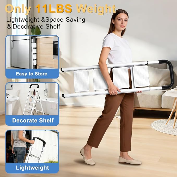 4 Step Ladder Folding Step Stool with Handrail 500LBS Capacity Sturdy Carbon Steel Frame Anti-Slip Pedal & Feet Portable for Home Kitchen Garage Bathroom (white-4step)