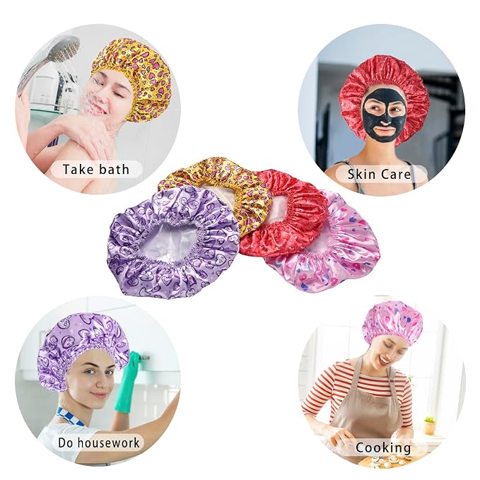 4 PCS Shower Cap for Women, Elastic and Reusable Bath Caps, Double Layers Shower Caps Reusable Waterproof, Bathing Shower Caps, Environmental Bath Hair Protection Cap - Heart