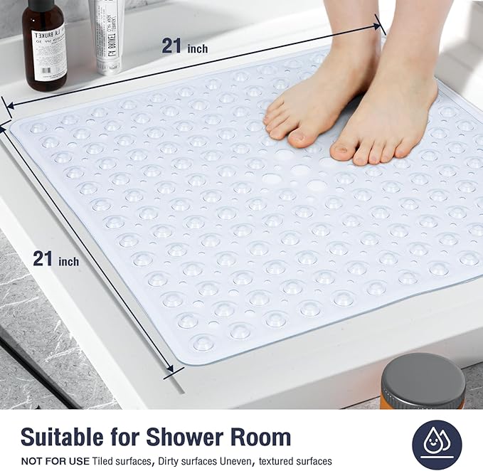 Clear Square Shower Mat Bathtub Mat Non Slip 21x21 Inch, Square Bath Mat for Inside Shower Tub, Shower Stall Mats for Bathroom Floor, Big Suction Cups Drain Hole, Easy Washable, BPA-Free