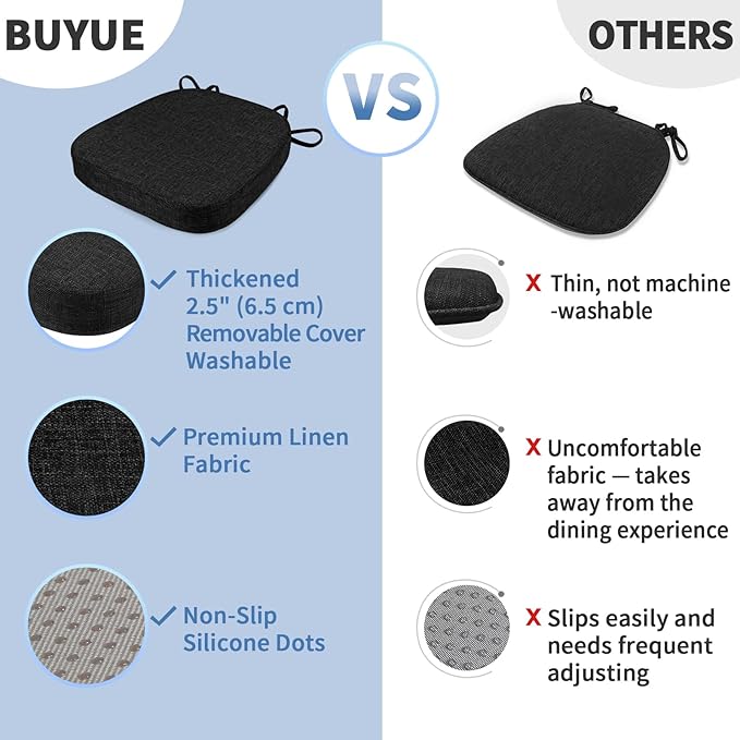 BUYUE Thickened 2.5" Dining Chair Cushions Set of 6, U-Shape High Density Foam Comfortable Chair Pads for Kitchen, Slip Resistant Indoor Seat Cushions (6 PCS, Black)