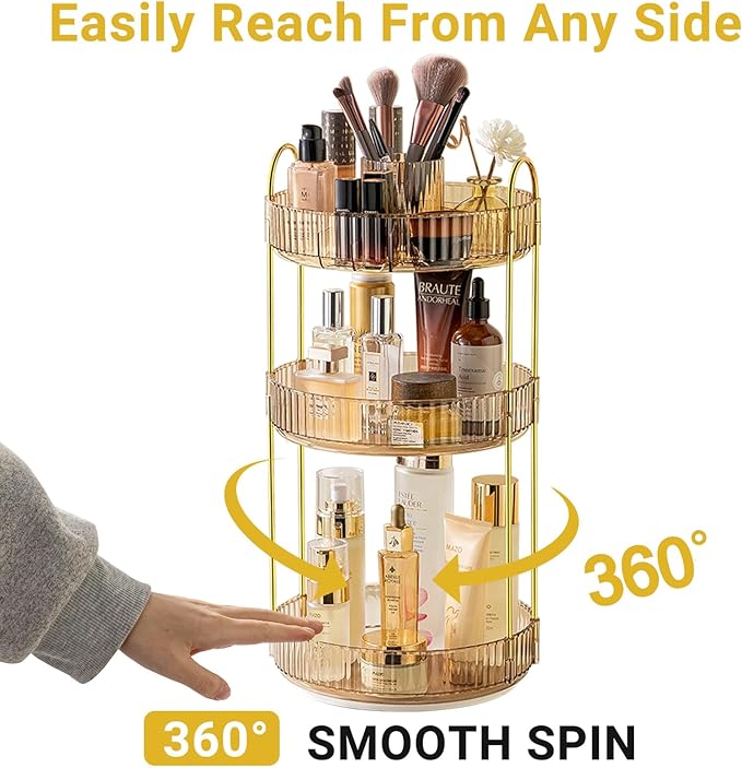 Asayuee 360 Rotating Makeup Organizer,3 Tier Large Capacity Make Up Organizers and Storage,Skincare Perfume Vanity Organizers,Bathroom Cosmetics Storage Organizer Countertop(Gold)