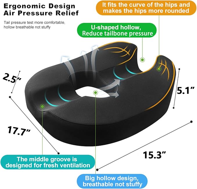 Donut Pillow Coccyx Seat Cushion for Prostate, Sciatica, Pelvic Floor, Pressure Sores, Pregnancy, Perineal Surgery, Postpartum Recovery Pain Pressure Relief Memory Foam Chair Pad