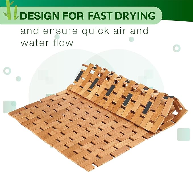 Bamboo Bath Mat - Foldable, 34x18-Inch Wood Bathmat for Bathroom Sauna Spa Door Kitchen Floor and Countertops - Modern Farmhouse Decor Accessory