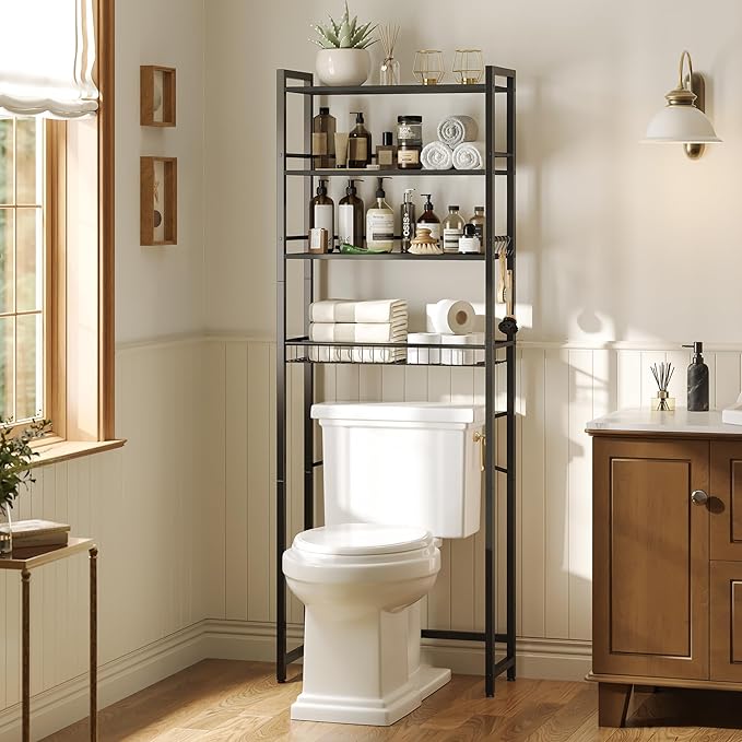 Over The Toilet Storage Shelf, 4-Tier Bathroom Organizer with Basket & Hooks, Sturdy Space Saver for Small Bathrooms, Black