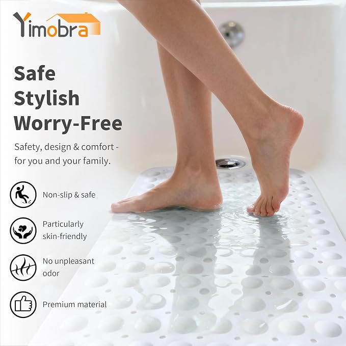 Yimobra 2-Pack Non Slip Bathtub Mat 40 x 16 Inch, Extra Long Shower Mat with Drain Holes, Machine Washable Baby Bath Mats, Strong Suction Cups for Bathroom Floor, White