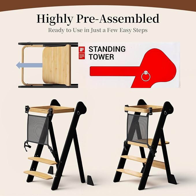 COSYLAND Foldable Standing Tower – IF Design Awarded Toddler Kitchen Step Stool with Safety Net & Large Side Support Legs– Height Adjustable Toddler Learning Helper Stool (Black & Natural)-Foldi